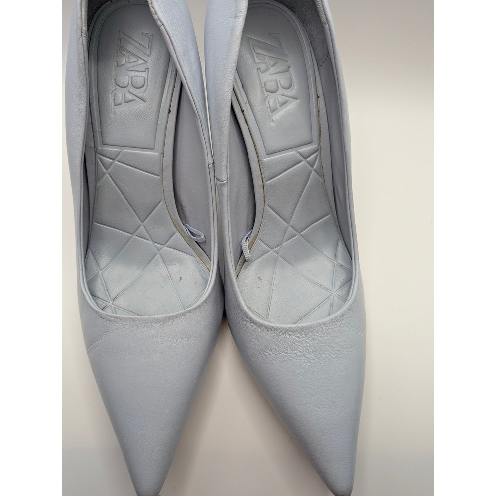 Baby Blue Leather Pointed Toe Stiletto Pumps Zara Heels Size 37 - Picture 9 of 11